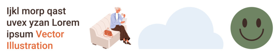 Fototapeta premium Mental health, elderly care, positivity, happiness, abstract design, lifestyle. Elderly on a sofa, cloud shape green happy face. Mental health and elderly care conceptual