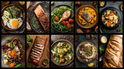 A collage of various gourmet dishes including grilled salmon, beef steak, pasta, and fresh bread, showcasing a range of vibrant and appetizing culinary creations.