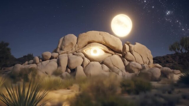 Mysterious rock formation with glowing orb and celestial night sky
