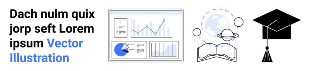 Chart analytics with graphs, open book around planetary orbit, graduation cap. Ideal for education, research, growth, technology, science, global learning simple landing page © robu_s