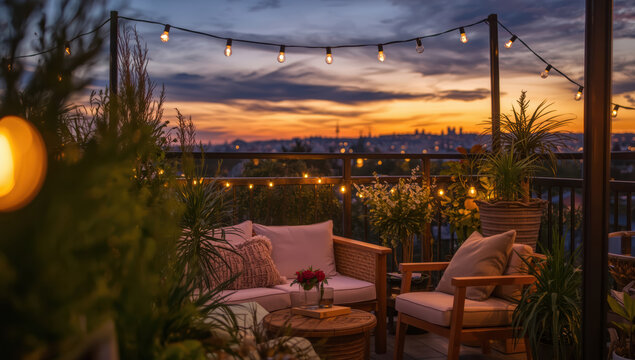 Cozy balcony lounge sunset with string lights, rattan sofa and plants
