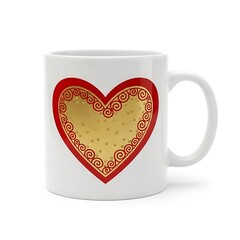 Illustration of white ceramic coffee mug with red heart design and gold pattern isolated on white background