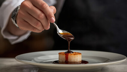 Seared scallop with caramel glaze being spooned, elegant fine dining presentation