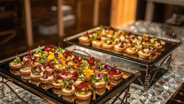 Gourmet canape platter, fine dining buffet, elegant hors doeuvre, flower garnish