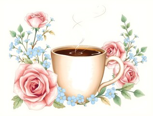 illustration of hot cup of coffee, with gentle steam rising from the cup, surrounded by a floral wreath of soft pink roses, blue forget-me-nots, and lush green eucalyptus