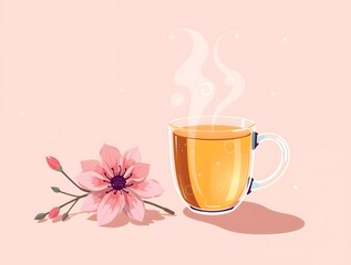 simple illustration of a cute and cozy composition still life a transparent mug filled with steaming tea, alongside vibrant flower blooming in soft fog