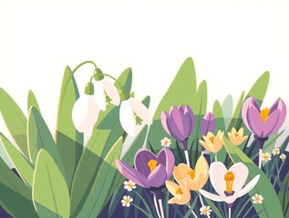simple illustration of cute and cozy Spring featuring delicate snowdrops and vibrant crocuses, with soft warm light casting a gentle glow on the lush green leaves and petite flowers