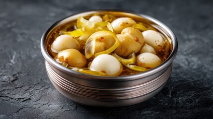 A bowl contains small round dumplings coated in a spicy sauce with slices of green pepper. The dish looks appetizing and is placed on a dark surface.