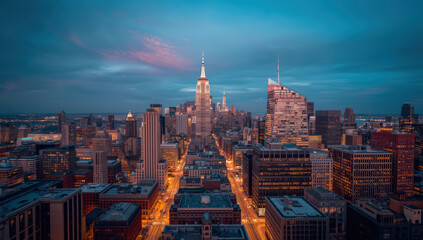 Obraz premium Grand city skyline at dusk with glowing streets and dramatic sky