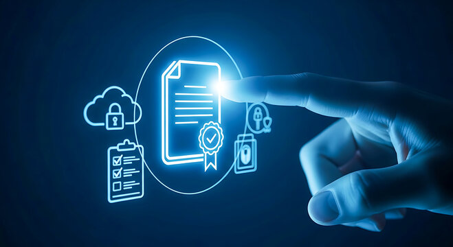 Digital Certificate and Security Icons on Dark Blue Background