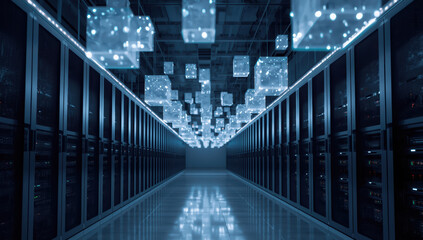 Futuristic data center aisle with illuminated server racks and floating light cubes evoking calm