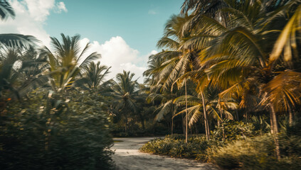 Obraz premium Lush tropical island path lined with swaying palm tree and warm sunlight