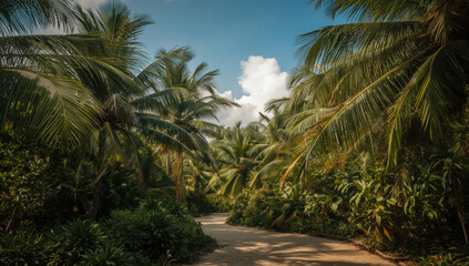 Fototapeta premium Lush tropical path lined with palm trees and dense green foliage under blue sky