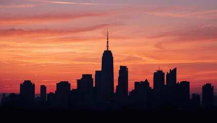 Sunset skyline silhouette of modern city with dramatic orange sky
