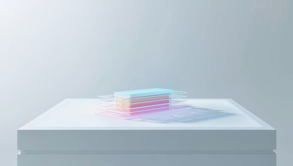 Minimalist stacked translucent glass panels on pedestal with soft pastel light and calm mood