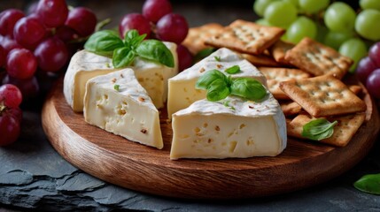 A wooden board holds pieces of cheese alongside crackers and fresh grapes. The cheese is topped with basil leaves. This scene is set in a kitchen during afternoon light.