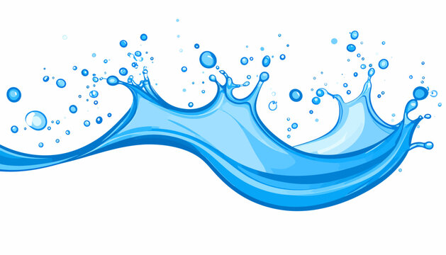 Vibrant blue water splash with dynamic droplets and a flowing wave on a clean white background.