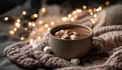 A steaming mug of hot chocolate with marshmallows, surrounded by cinnamon sticks and cozy blankets on the table, against a background of twinkling lights. 