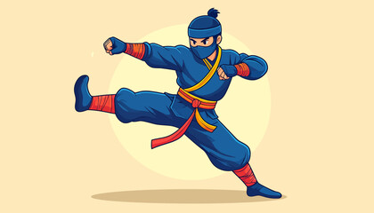 Fototapeta premium Dynamic Ninja Warrior in Action with Blue Suit and Red Accents.