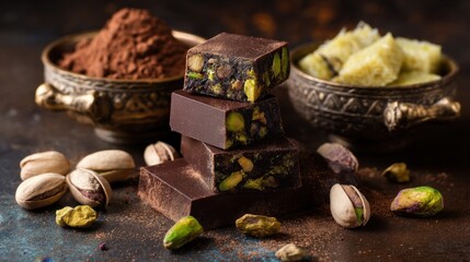 Dark chocolate pieces stacked on a table with nuts scattered around. Bowls contain cocoa powder and cubed sweets. The setting shows a kitchen with various textures.