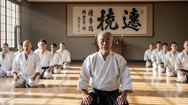 Japanese Martial Arts Master Leads Class In Traditional Dojo