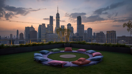 Rooftop garden lounge with circular cushions and city skyline at sunset, tranquil mood