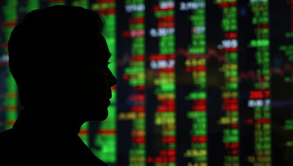 Silhouette of person watching financial market data in trading room, contemplative mood
