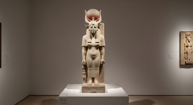 Egyptian statue in museum on platform Carved figure with headdress standing Lit against white wall Artifact on display
