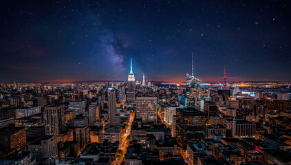 Sprawling city skyline at night with glowing skyscraper and starry sky