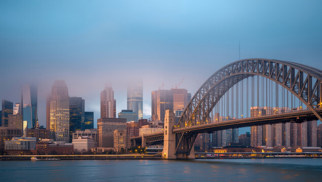 City skyline at misty dawn with arched steel bridge and soft warm light
