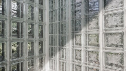 Interior corner features a grid of translucent glass blocks, blurring outside greenery