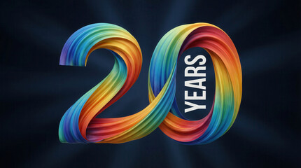 Anniversary logo with colorful ribbon forming 20 years numeral on dark background