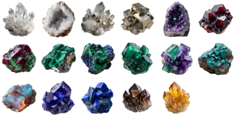 Collection of 17 raw gemstone crystals and natural minerals isolated on transparent background