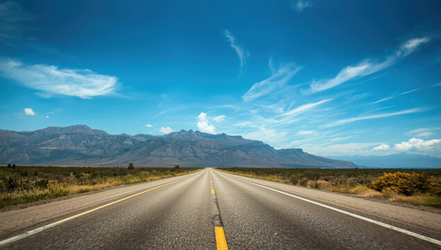 Open highway leading toward distant mountain range under dramatic blue sky with wispy clouds - Powered by Adobe