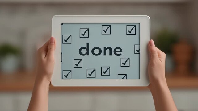 Screen free life, showcasing hands holding a tablet displaying 'done'.