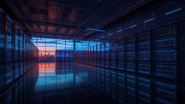 Data center server room at dusk with glowing racks and city view