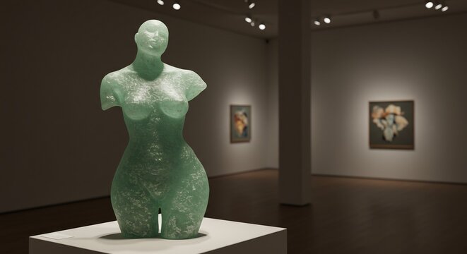 Green torso sculpture armless in a gallery on a white pedestal paintings visible in background