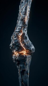 Fractured Bone with Glowing Energy: An abstract visualization of a fractured bone, revealing vibrant glowing energy crackling through the broken structure, symbolizing strength.