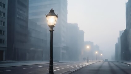 A solitary lamppost glows brightly in a foggy city street, illuminating the blurred buildings