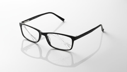 Black framed prescription eyeglasses resting on a white reflective surface featuring a significant crack across the right lens clearly visible in this studio shot