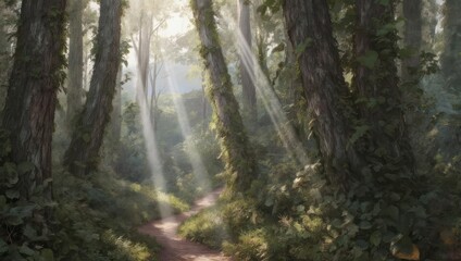 Fototapeta premium Sunlight streams through a lush forest, illuminating a winding path. Trees covered in moss