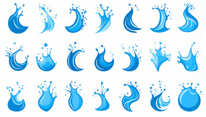 Dynamic Blue Water Splashes and Liquid Droplets Collection Illustrating Fluid Motion and Refreshing Aqua Elements for Graphic Design Projects