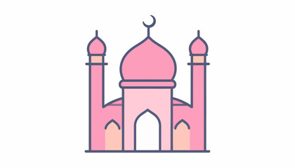 A cute pink mosque illustration with a dome and two minarets, featuring a crescent moon on top, in a simple line art style.