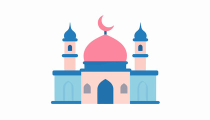 A simple flat illustration of a mosque with a pink dome and blue minarets, featuring a crescent moon on top.