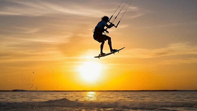 Kitesurfer Jumps Against Golden Sunset Over Calm Ocean Water