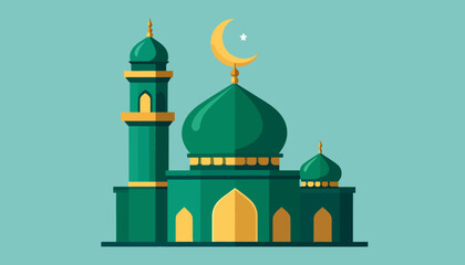 A stylized green mosque with a minaret and dome, featuring a crescent moon and star, against a light blue background.