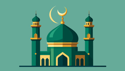A stylized flat design illustration of a green mosque with a golden crescent moon and two minarets against a teal background.