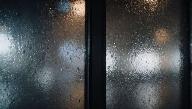 Raindrops cling to glass, blurring lights. Dark frame divides the panes. Soft focus, mood - Powered by Adobe