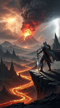 Knight Standing On Cliff Overlooking Volcanic Eruption Lava Flow Lightning Storm