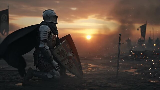 Knight Kneeling at Sunset After Battle Cinematic Footage
